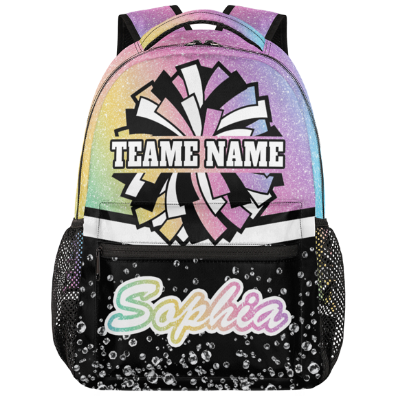 Jiaoprinted Custom Cheer Backpack for Cheerleader, Personalized Cheer Shoulder Bag with Name, Cheerleading Daypack Cheer Team, Blue Pinks Purple Glitter