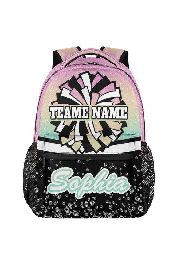 Custom Cheer Backpack for Cheerleader, Personalized Cheer Shoulder Bag with Name, Cheerleading Daypack Cheer Team, Gradient Pinks Green Glitter