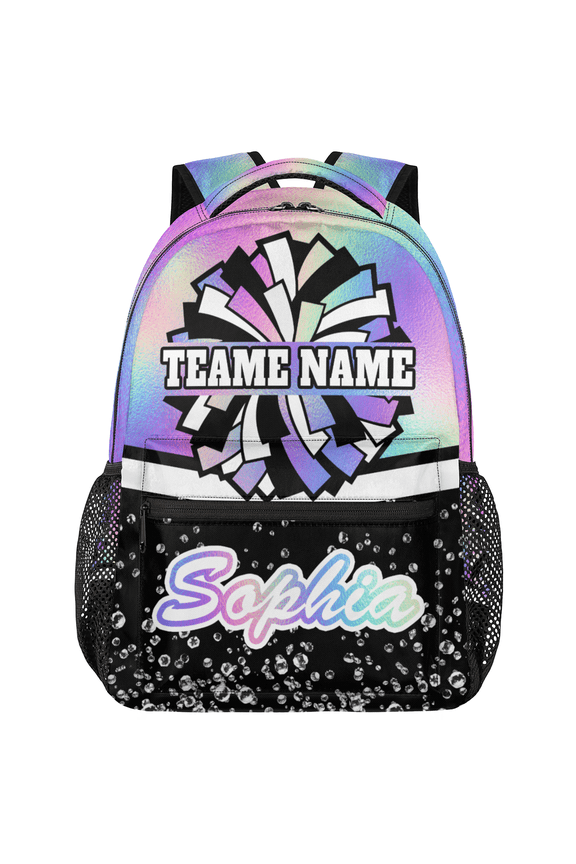 Custom Cheer Backpack for Cheerleader, Personalized Cheer Shoulder Bag with Name, Cheerleading Daypack Cheer Team, Rainbow Purple