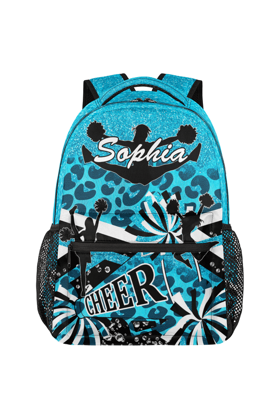 Custom Cheer Backpack with Name, Personalized Cheerleader Backpack for Cheerleading Casual Bag Backpack for Team Women Blue Leopard