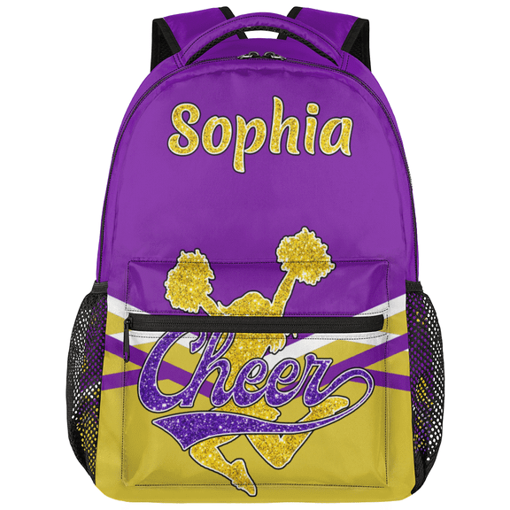 Jiaoprinted Custom Cheer Cheerleader Backpack Personalized Cheerleading Day Pack with Name Cheer Team Gym Bag for Women, Purple Gold