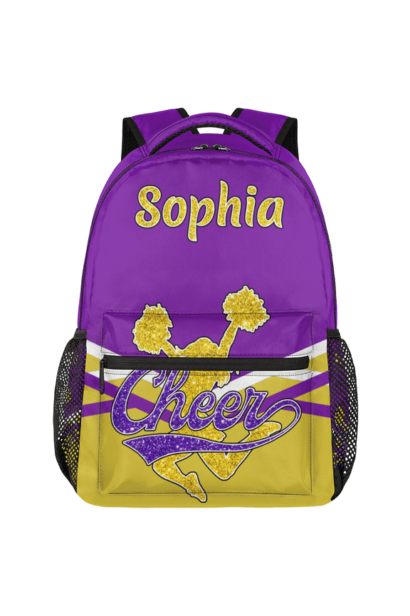 Custom Cheer Cheerleader Backpack Personalized Cheerleading Day Pack with Name Cheer Team Gym Bag for Women, Purple Gold