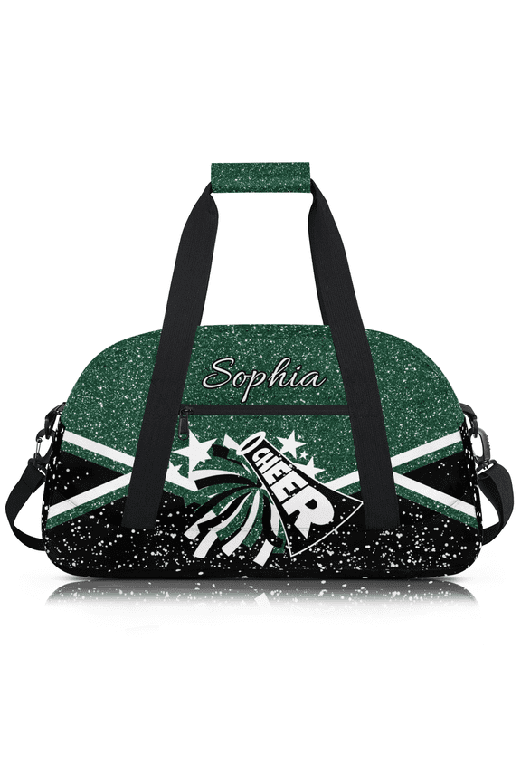 Custom Cheer Duffel Bag, Personalized Sport Gym Bags with Name, Customized Travel Weekender Overnight Bag for Cheerleader, Dark Green Glitter