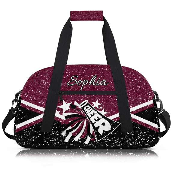 Jiaoprinted Custom Cheer Duffel Bag, Personalized Sport Gym Bags with Name, Customized Travel Weekender Overnight Bag for Cheerleader, Maroon Glitter