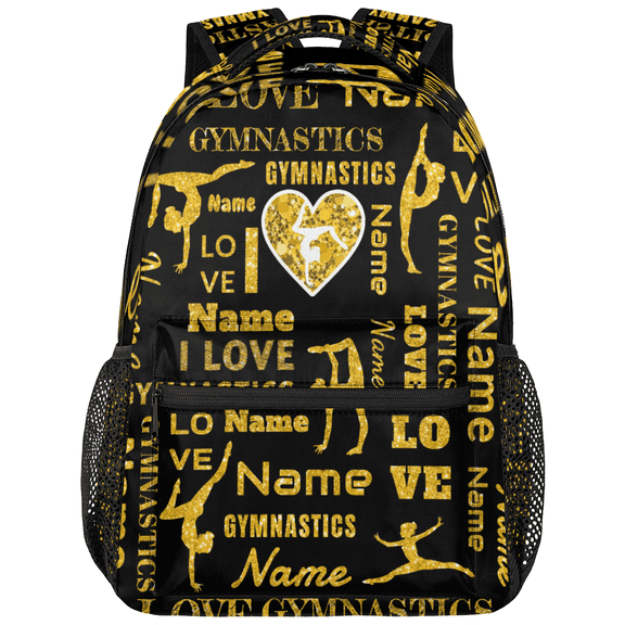 Jiaoprinted Custom Gymnastic Backpack, 18 Inch Personalized Dance Bag with Name, Lightweight Casual Travel Daypack for Teen Women, Gold Black