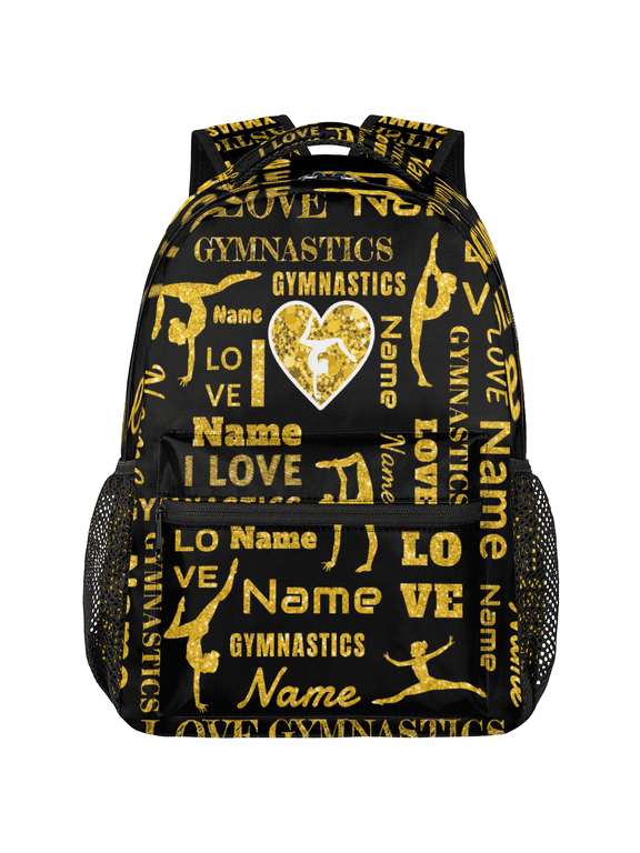 Custom Gymnastic Backpack, 18 Inch Personalized Dance Bag with Name, Lightweight Casual Travel Daypack for Teen Women, Gold Black