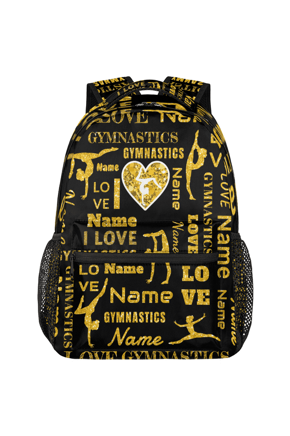 Custom Gymnastic Backpack, 18 Inch Personalized Dance Bag with Name, Lightweight Casual Travel Daypack for Teen Women, Gold Black