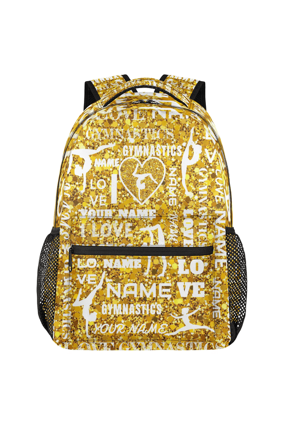 Custom Gymnastic Backpack, 18 Inch Personalized Dance Bag with Name, Lightweight Casual Travel Daypack for Teen Women, Golden
