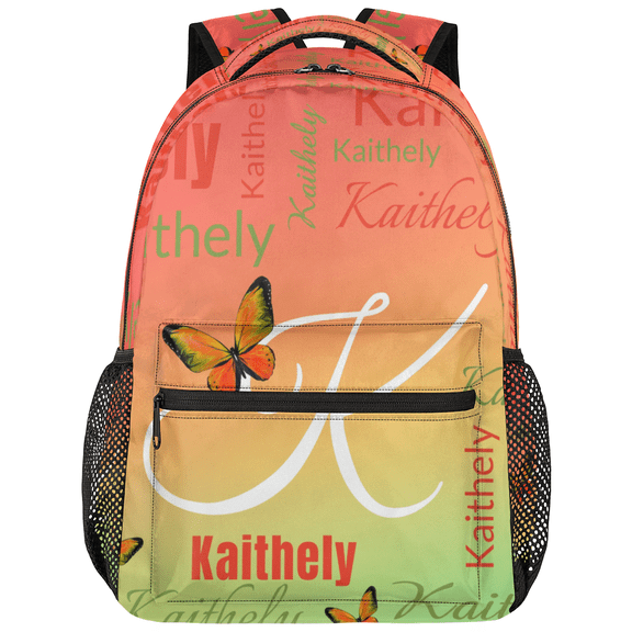 Jiaoprinted Custom Orange Green Butterfly Backpack for Woman, 18 Inch Butterflies Personalized Large Casual Bag Daypack, Customized Travel Backpacks
