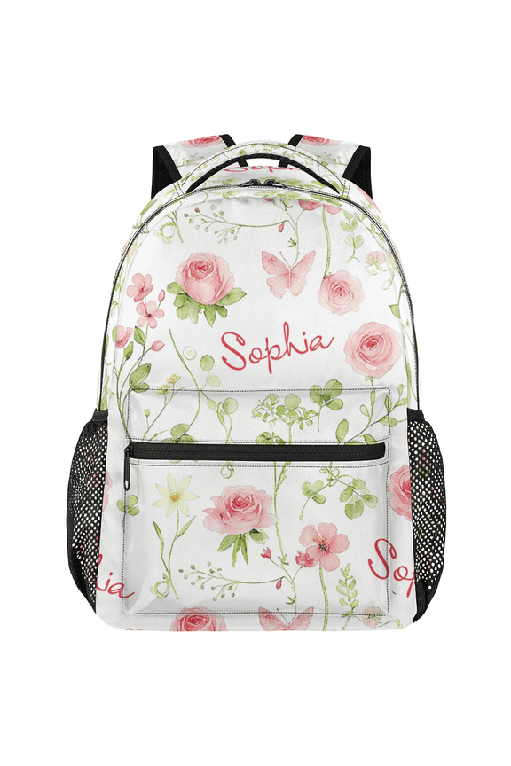 Custom Pink Roes Flower Backpack with Name, Personalized Lightweight Casual Daypack for Women Men, Customized Travel Back Pack