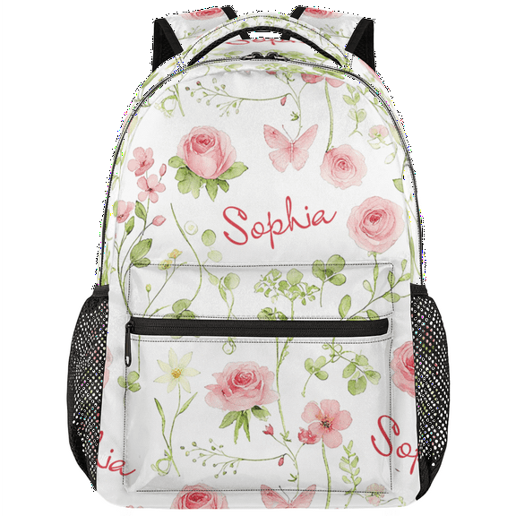 Jiaoprinted Custom Pink Roes Flower Backpack with Name, Personalized Lightweight Casual Daypack for Women Men, Customized Travel Back Pack