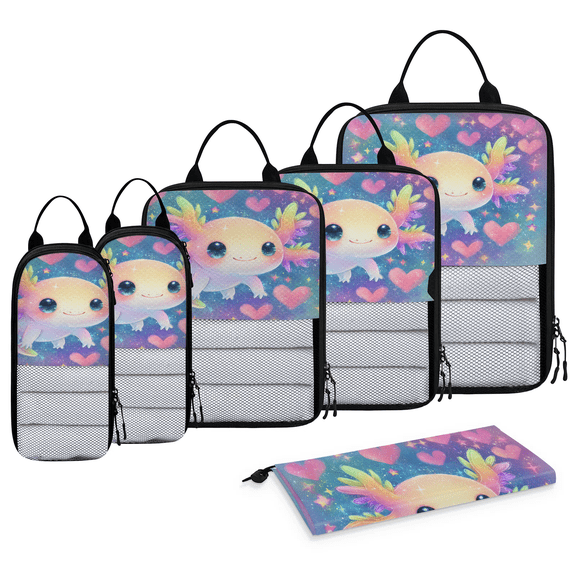 Jiaoprinted Cute Axolotl 6 Set Compression Packing Cubes for Travel Essentials, Hearts Lightweight Carry on Expandable Luggage Organizer Bags for Women Men