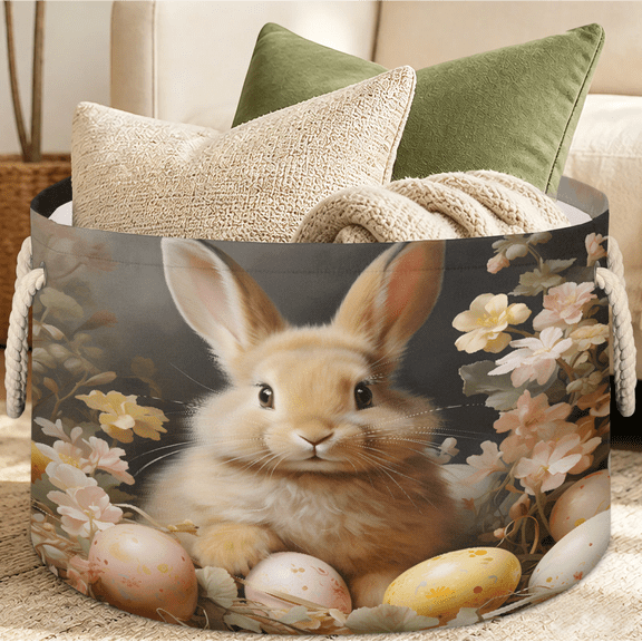 Jiaoprinted Cute Bunny Easter Eggs Large Round Collapsible Storage Basket, 65L Fabric Storage Organizer Bin with Handles for Blankets Linens Clothes, 19.4" x 13.3" Vintage Easter Rabbit