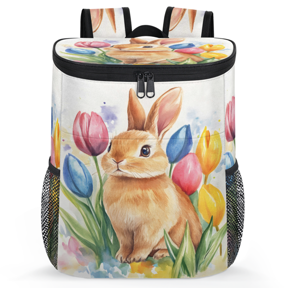 Jiaoprinted Cute Bunny Tulips Portable Leakproof Cooler Backpack, Easter Rabbit Insulated Backpack Cooler for Picnic Camping