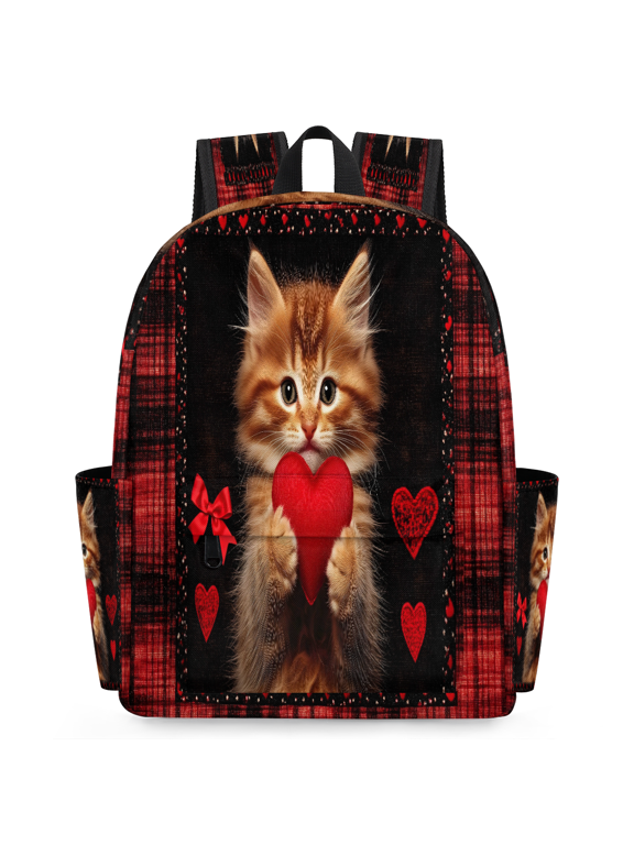 Cute Cat Heart Travel Backpack for Adults, Breathable Adjustable Strap Casual Daypack, Lightweight Red Buffalo Plaid Work Laptop Backpack
