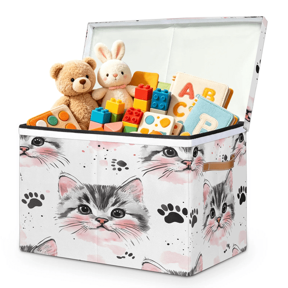 Jiaoprinted Cute Cat Paw Large Toy Storage Box with Lid and Divider, Cat Paw Print Foldable Toy Storage Organizer, Stackable Storage Container Home Organization, 85L