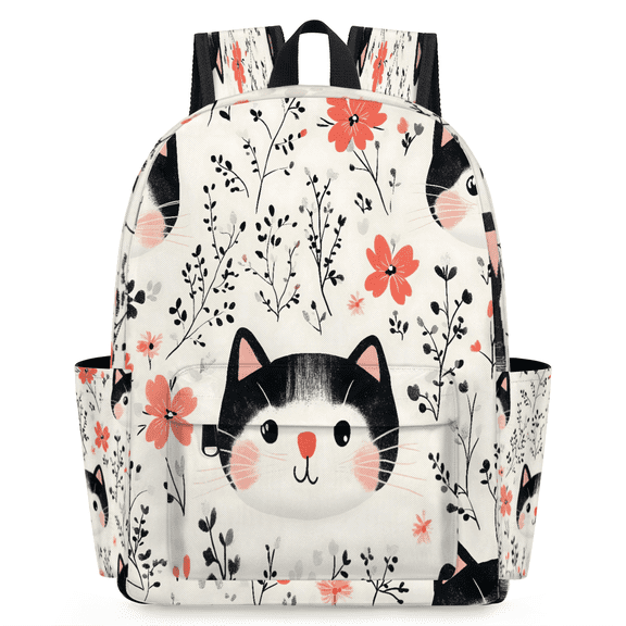 Jiaoprinted Cute Cats Floral Backpack, Lightweight 15 Inch Laptop Backpack for Men Women, Casual Daypack for Travel Work, Wildflowers Cat