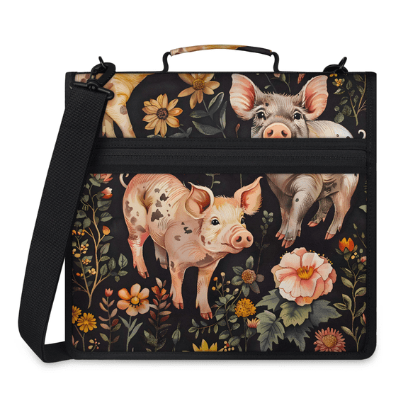 Jiaoprinted Cute Farm Animal Zipper 3 D-Ring Binder Bag with Shoulder Strap, Pig Florals Waterproof Expanding Binder, Multi-Pocket Portfolio Organizer Case