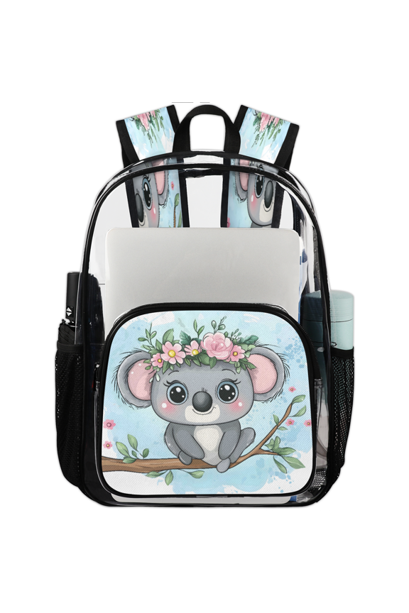Cute Koala Clear Backpack for Stadium Events, Cartoon Koala Flower Transparent Plastic Bag for Games, Security Checks, Festivals, Concerts