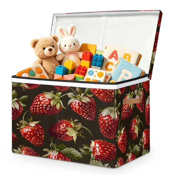 Jiaoprinted Cute Strawberry Large Toy Storage Box with Lid and Divider, Summer Fruit Foldable Toy Storage Organizer, Stackable Storage Container Home Organization, 85L