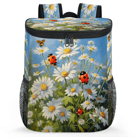 Jiaoprinted Daisies Ladybugs Portable Leakproof Cooler Backpack, Spring Summer Daisy Insulated Backpack Cooler for Picnic Camping
