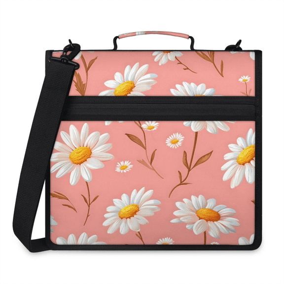 Jiaoprinted Daisies Zipper Binder, Spring Floral 3 D-Ring Binder, Multi-Pocket Expanding Organizer Bag with Handle and Shoulder Strap for Travel Work