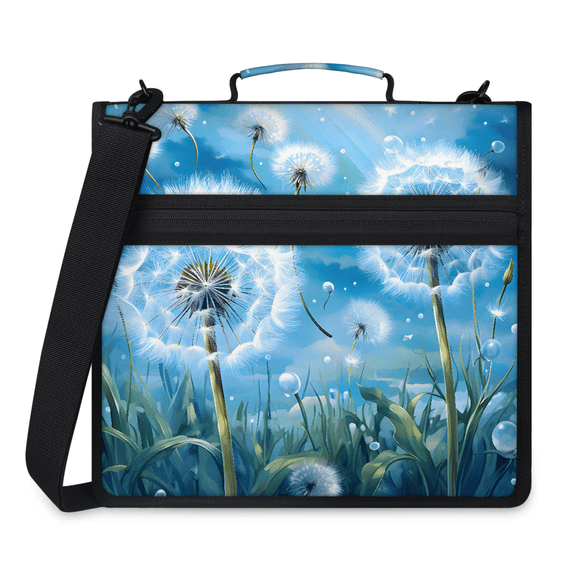 Jiaoprinted Dandelion Zipper 3 D-Ring Binder Bag with Shoulder Strap, Flowers Waterproof Expanding Binder, Multi-Pocket Portfolio Organizer Case