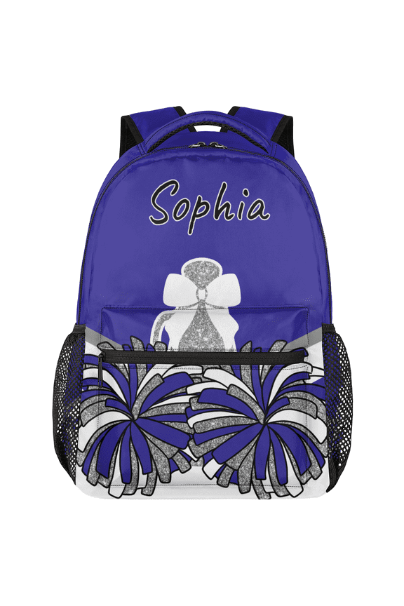 Dark Blue White Personalized Cheer Backpack, Custom Cheerleading Backpack for Cheerleaders, Customized Coach Casual Daypack with Name, 18 Inch