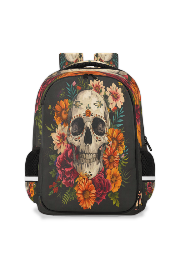 Day of the Dead Skull Travel Backpack for Adults, Multi-Functional Casual Daypack with Adjustable Shoulder Straps, Helloween Flower Skull Laptop Bag for Work Outdoor