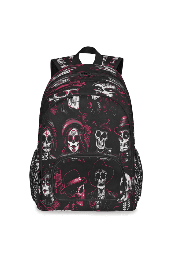 Day of the Dead Sugar Skeleton Backpack, Large Skulls Hats Roses Travel Laptop Backpack Men Women Work Business Computer Casual Daypack Rucksack, 18 Inch