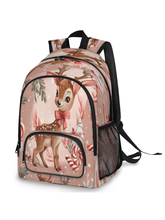 Deer Candy Cane Laptop Backpack, Large Snowflake Christmas Travel Backpack Men Women, Work Business Computer Casual Daypack Rucksack, 18 Inch