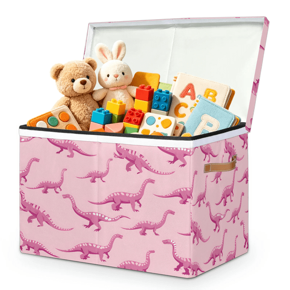 Jiaoprinted Dinosaurs Toy Storage Box Chest with Lid & Divider, Pink Dinosaurs Foldable Toy Organizer Bin with Sturdy Handles for Nursery Living Room, 85L, 25"x13"x16"