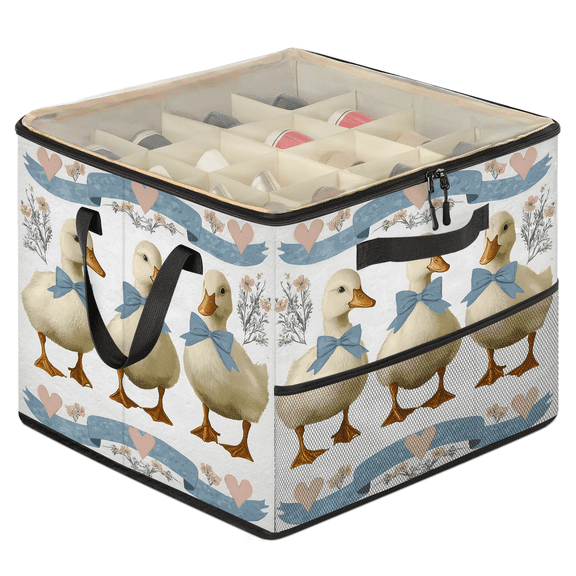 Jiaoprinted Duck with Blue Bow Shoe Storage Box with Adjustable Dividers, Large Shoe Organizer with Clear Transparent Lid, Cute Country Duck Foldable Stackable Shoes Storage Bin for Closet Entryway