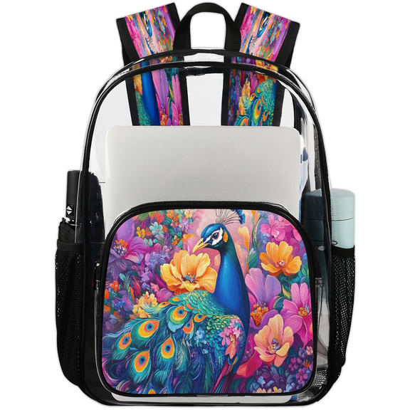 Jiaoprinted Elegant Jungle Peacock Clear Backpack for Stadium Events, Floral Peacock Transparent Plastic Bag for Games, Security Checks, Festivals, Concerts