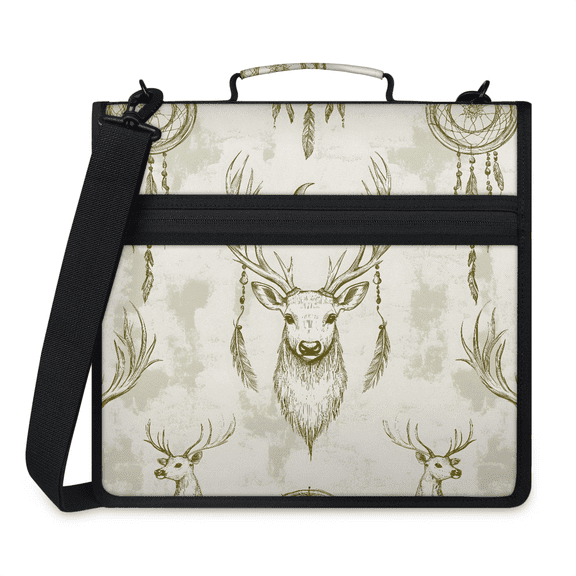 Jiaoprinted Elk Deer Zipper Binder, Dreamcatchers 3 D-Ring Binder, Multi-Pocket Expanding Organizer Bag with Handle and Shoulder Strap for Travel Work