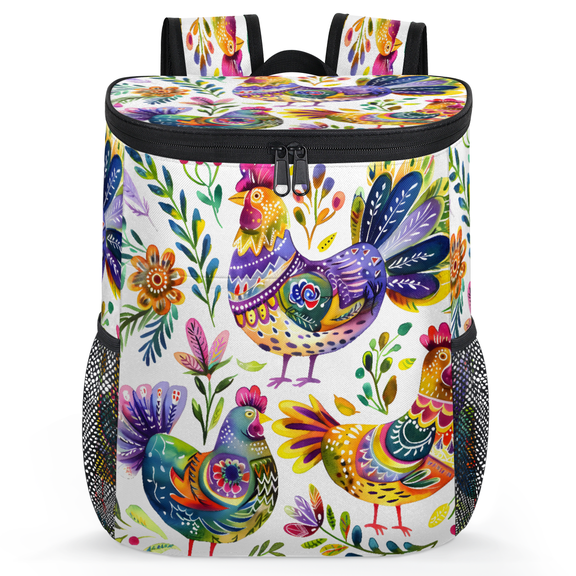 Jiaoprinted Farmhouse Rooster Portable Leakproof Cooler Backpack, Boho Colorful Chicken Floral Insulated Backpack Cooler for Picnic Camping