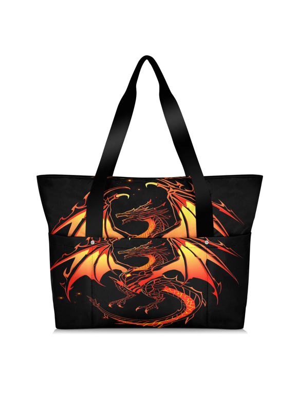 Fiery Dragon Tote Bag for Women, Lightweight Waterproof Large Shoulder Handbag with Zipper for Travel Gym Work Shopping, Dragon