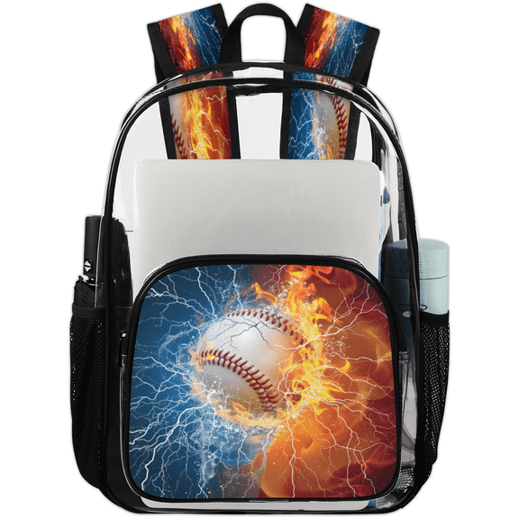 Jiaoprinted Fire and Lightning Baseball Clear Backpack for Stadium Events, Sports Baseball Transparent Plastic Bag for Games, Security Checks, Festivals, Concerts