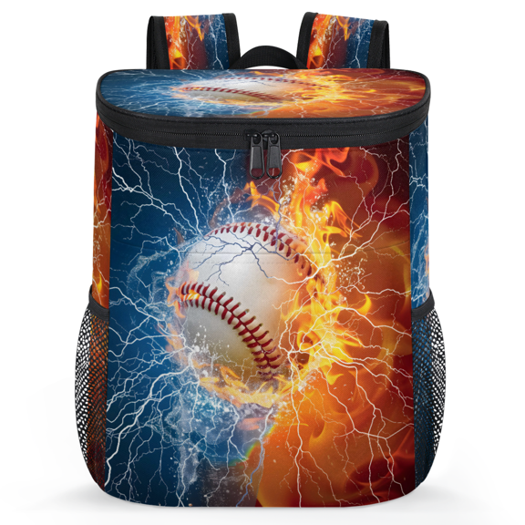Jiaoprinted Fire and Lightning Baseball Leakproof Cooler Backpack, Sports Baseball Insulated Backpack Cooler for Outdoor