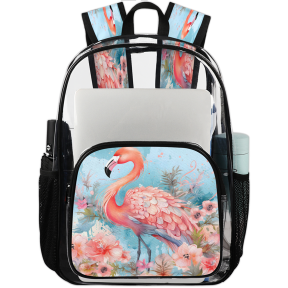 Jiaoprinted Flamingo Hibiscus Flowers Clear Backpack for Stadium Events, Transparent Backpacks See Through Plastic Bag for Concerts & Work, Tropical
