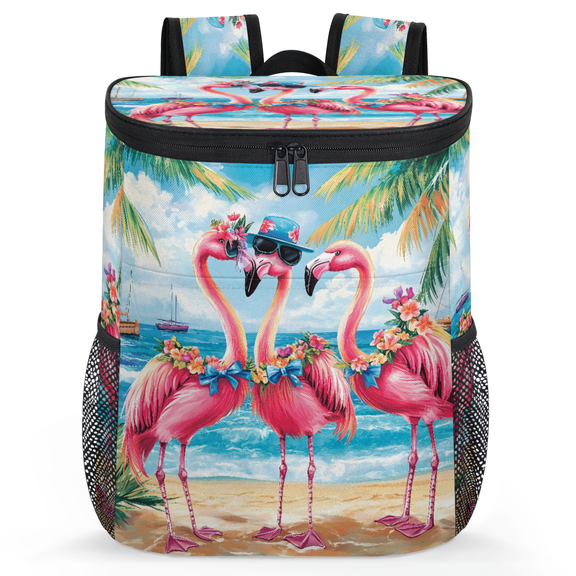 Jiaoprinted Flamingos Beach Palm Trees Leakproof Cooler Backpack, Cute Flamingo Insulated Backpack Cooler for Outdoor