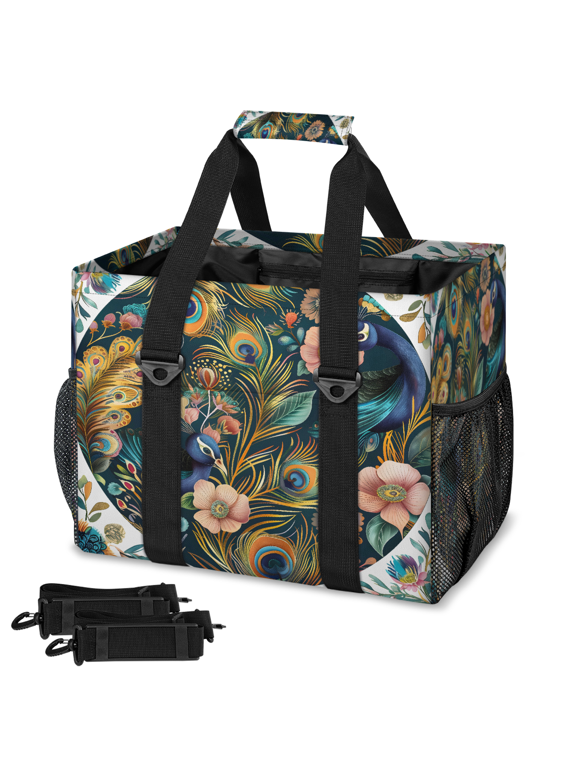 Floral Peacock Reusable Grocery Bag, Upright Heavy‑Duty Foldable Shopping Bag with Removable Shoulder Strap, Multi‑Pocket Storage Tote for Beach Camping, Peacocks Flower