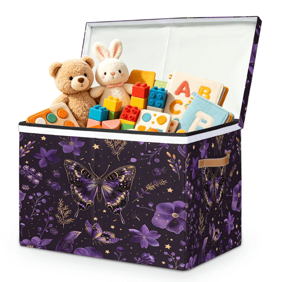 Jiaoprinted Forest Butterfly Toy Storage Box Chest with Lid & Divider, Purple Butterfly Foldable Toy Organizer Bin with Sturdy Handles for Nursery Living Room, 85L, 25"x13"x16"