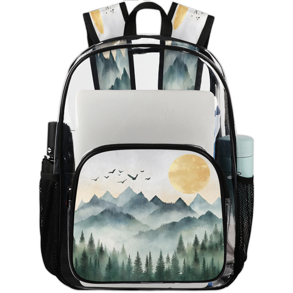 Jiaoprinted Forest Mountain Clear Backpack for Stadium Events, Transparent Backpacks See Through Plastic Bag for Concerts & Work, Nature Misty Pine Tree