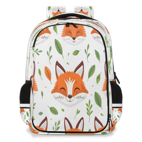 Jiaoprinted Fox Faces Multi-Functional Backpack, 16" Waterproof Travel Casual Daypack with Reflective Strip, Green Leaves Work Laptop Backpack for Men Women