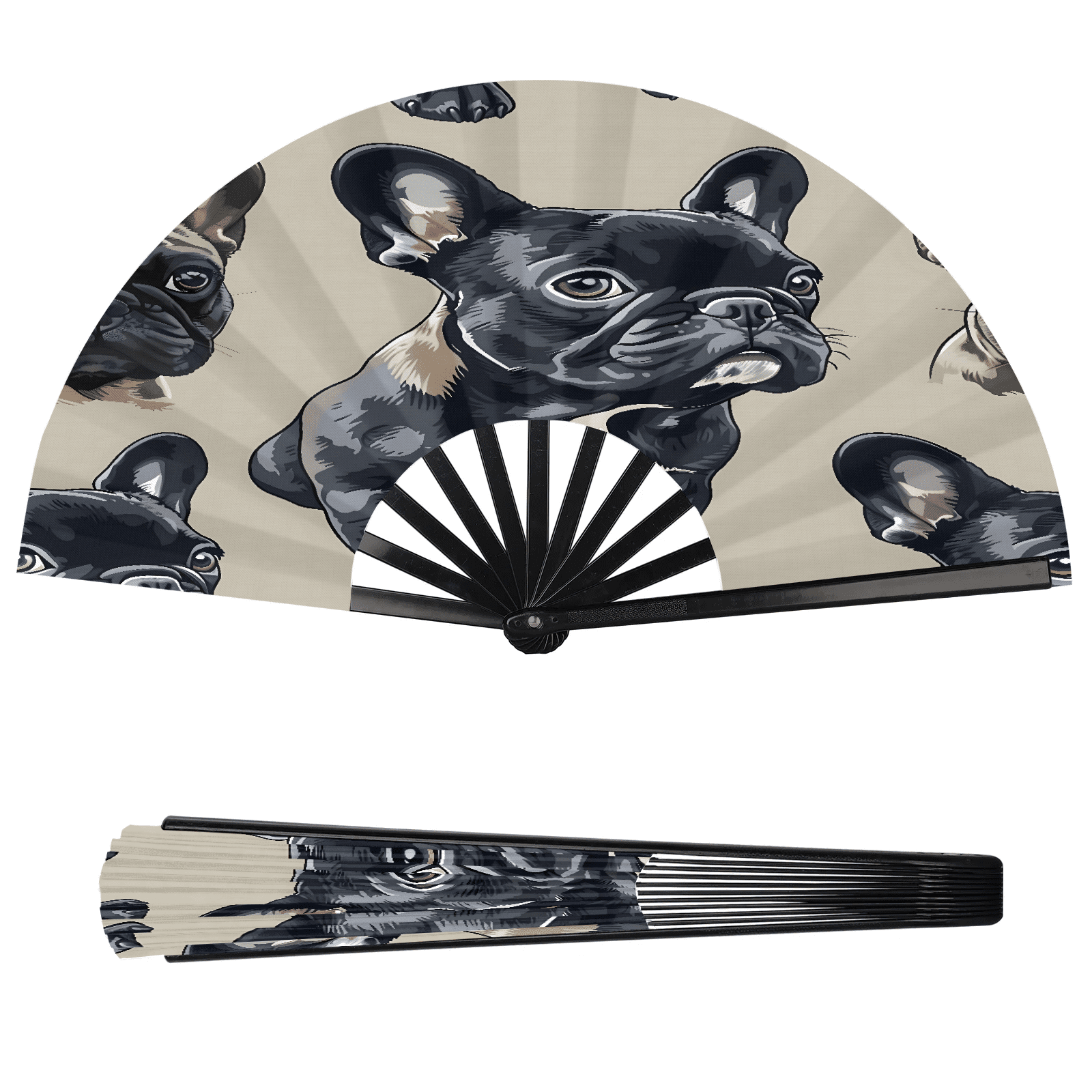 Frinch Hand Jiaoprinted French Bulldog Large Foldable Hand Fan for Women, Black ...