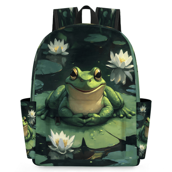 Jiaoprinted Frog Lily Pad Backpack, Lightweight 15 Inch Laptop Backpack for Men Women, Casual Daypack for Travel Work, Green Frog