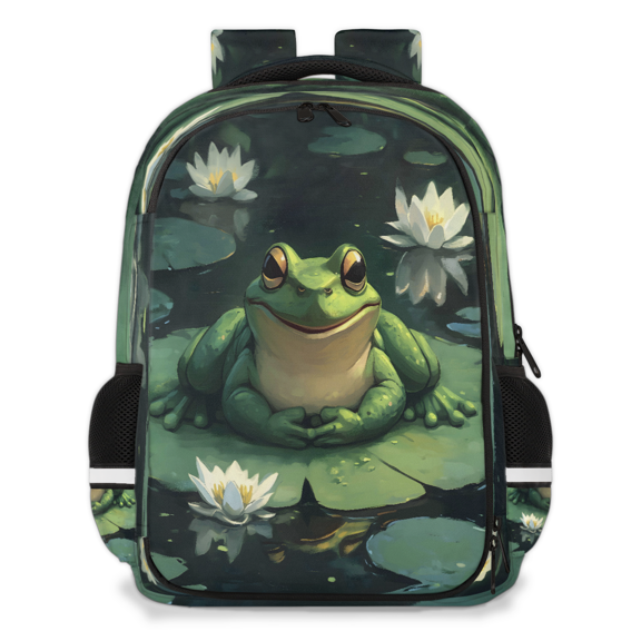 Jiaoprinted Frog Lily Pad Multi-Functional Backpack, 16" Waterproof Travel Casual Daypack with Reflective Strip, Green Frog Work Laptop Backpack for Men Women