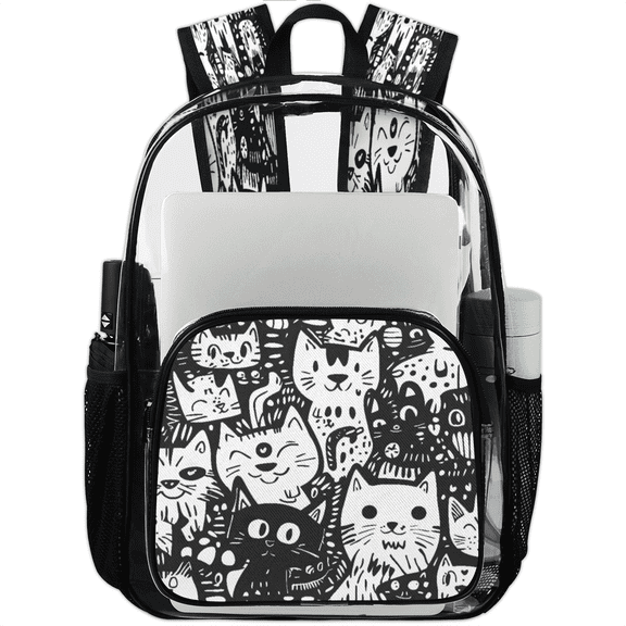 Jiaoprinted Funny Cat Clear Backpack for Stadium Events, Fun Line Cat Transparent Plastic Bag for Games, Security Checks, Festivals, Concerts