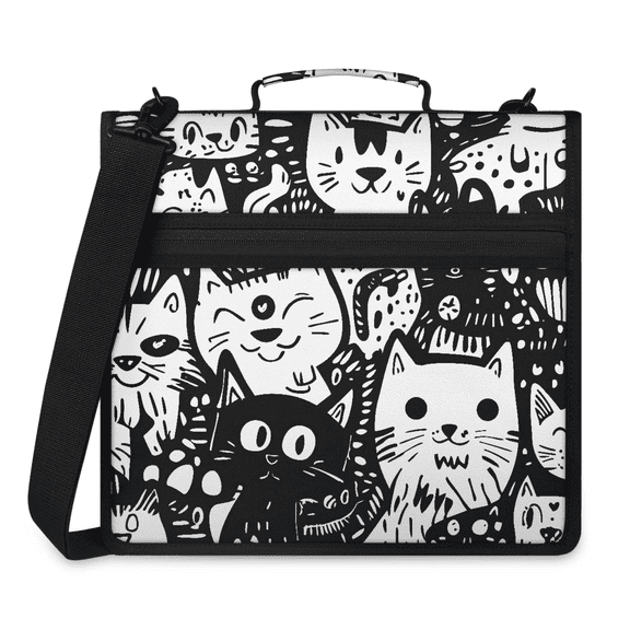Jiaoprinted Funny Cat Zipper Binder, Fun Line Cat 3 D-Ring Binder, Multi-Pocket Expanding Organizer Bag with Handle and Shoulder Strap for Travel Work